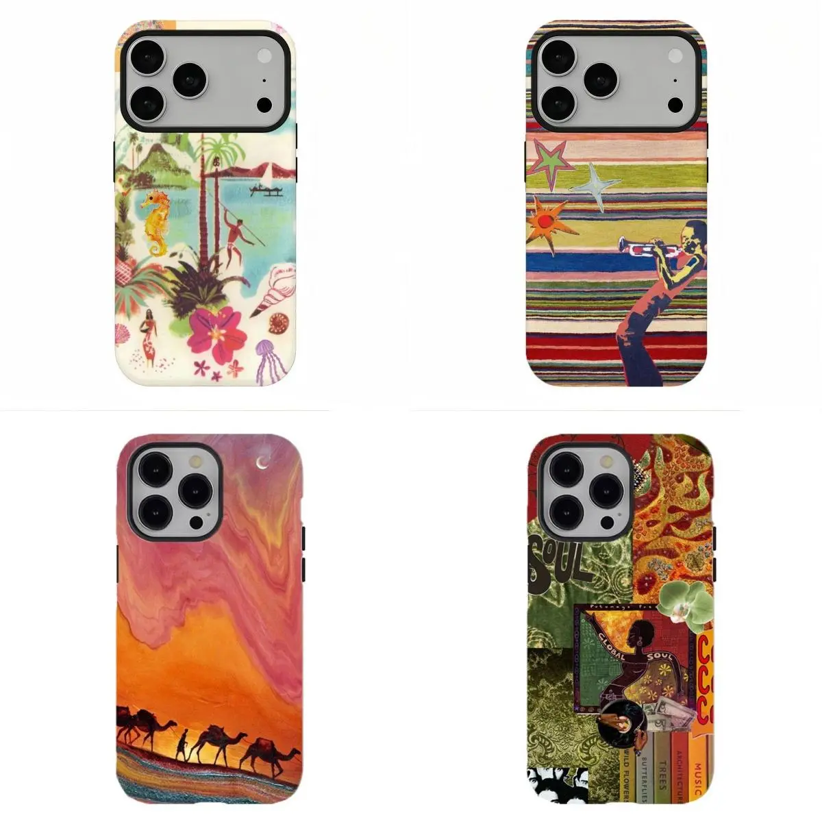 Boho Maximalist Tropical Collage Phone Case, Retro Hippie Desert Soul Music Art Shockproof Cover, Compatible for iPhone 17Promax 16 15 14 13 12 11 and for Samsung S26-S21, Perfect Summer Vacation/Birthday/Holiday Gift for Her/Him