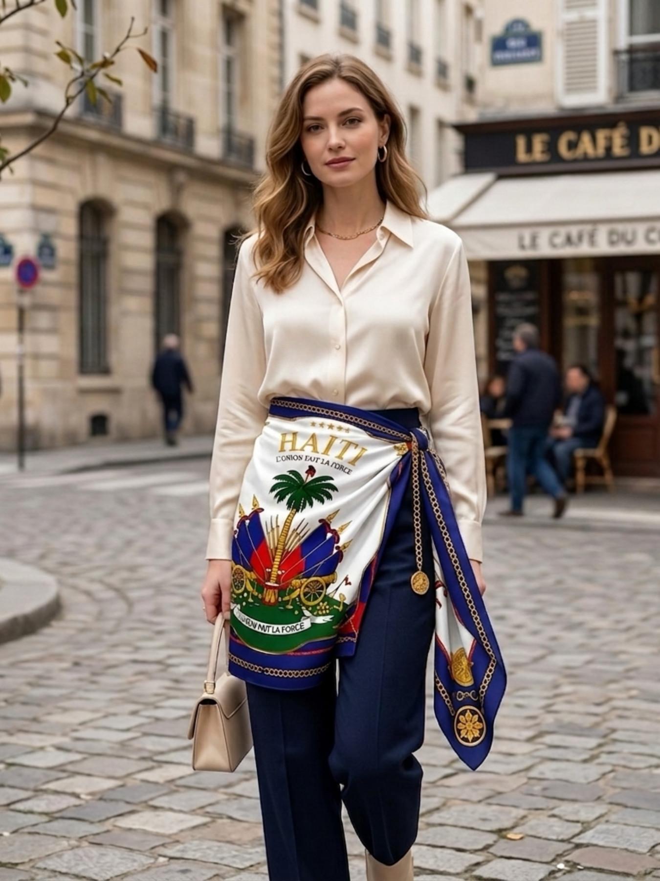 Haiti Cultural Scarf Cape Shawl Wrap – Coat of Arms Palm Tree Cannon Flags Print, Home Decor & Outfit Styling