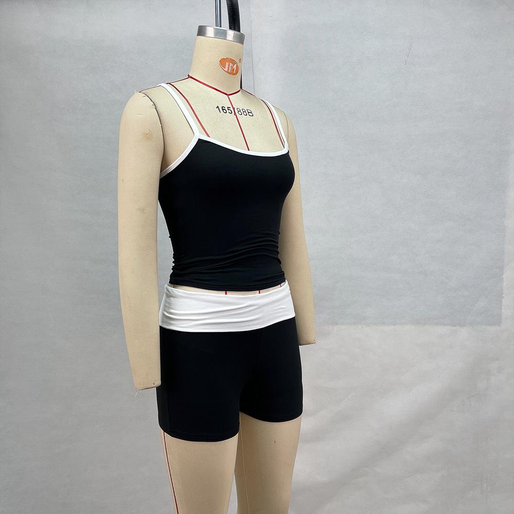 Sportswear, summer, suspenders, exposed navel, contrasting colors, tops, low waist, shorts, suits, casual, fitness sport set contrast binding