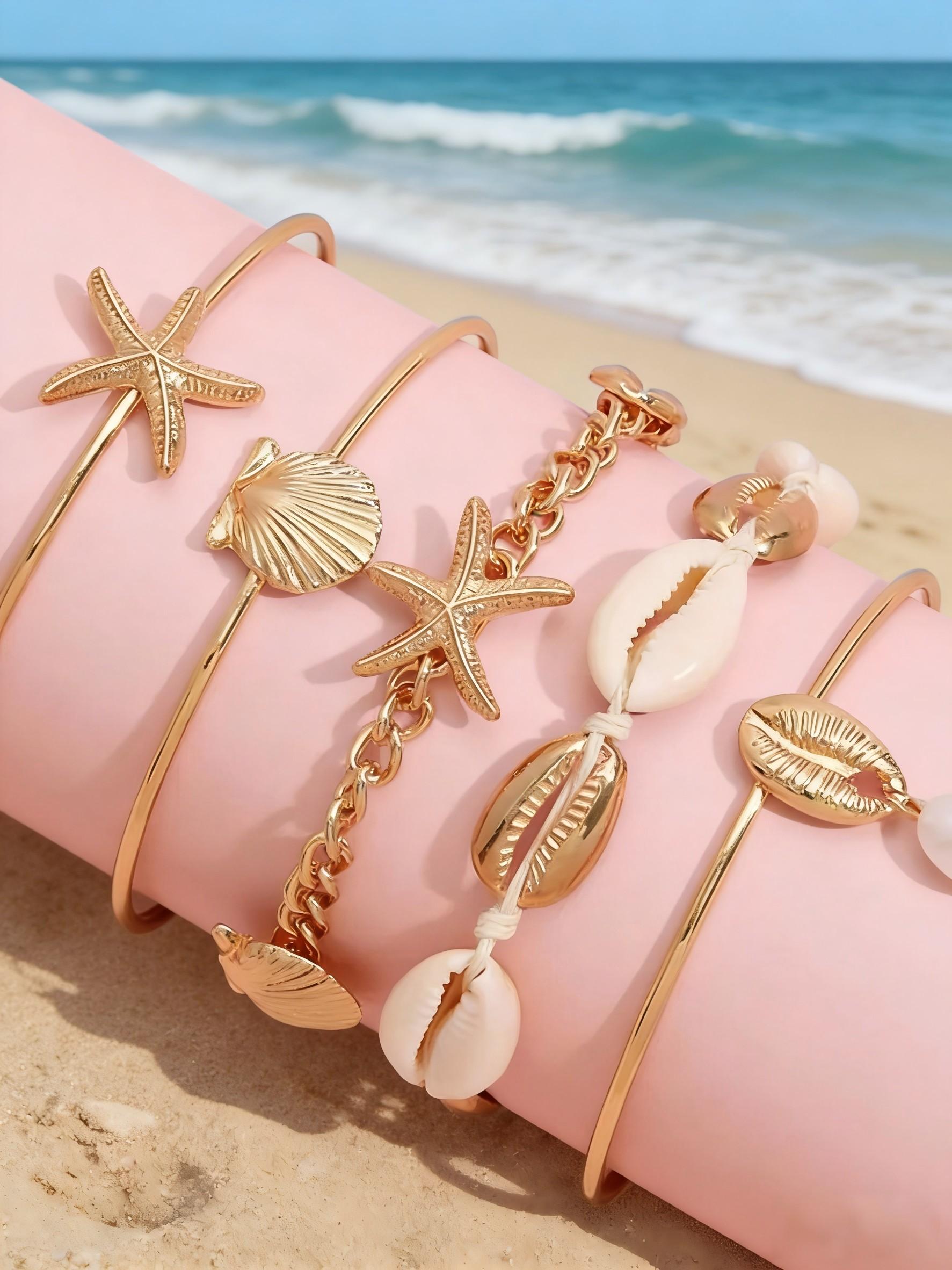 5pcs in 1 Set Beach Element Accessory Set, Featuring Shells and Starfish, Durable Stylish Layered Design, Perfect for Everyday Wear, Trendy Jewelry Set, Elegant Jewelry Set, Fashion Jewelry Set