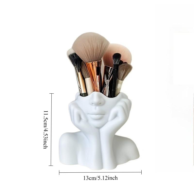 Face-Shaped Makeup Brush Holder - White Vanity Organizer with Eyebrow Pencil Slots, Portable & No Assembly Needed for Desk/Bathroom, Makeup Tool Organizer