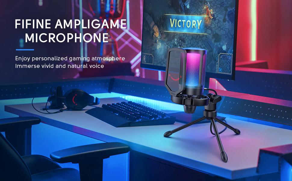 FIFINE A6V USB Gaming Microphone for PC PS5, Condenser Mic with Quick Mute, Gain Control, RGB Indicator, Tripod Stand, Pop Filter, Shock Mount, for Streaming Discord Twitch Podcasts Videos