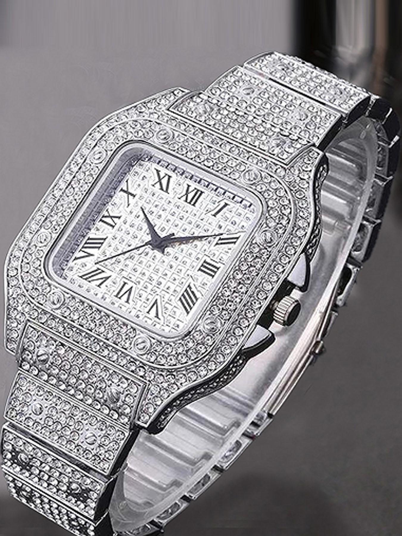 Men's Casual Fashion Quartz Watch, Elegant Square Dial Rhinestone Decorated Alloy Case Wristwatch, Classic Simple Fashion Street Style For All Seasons, Black Friday Deal Watch Suitable For Casual Business Wear, Birthday Christmas Gift