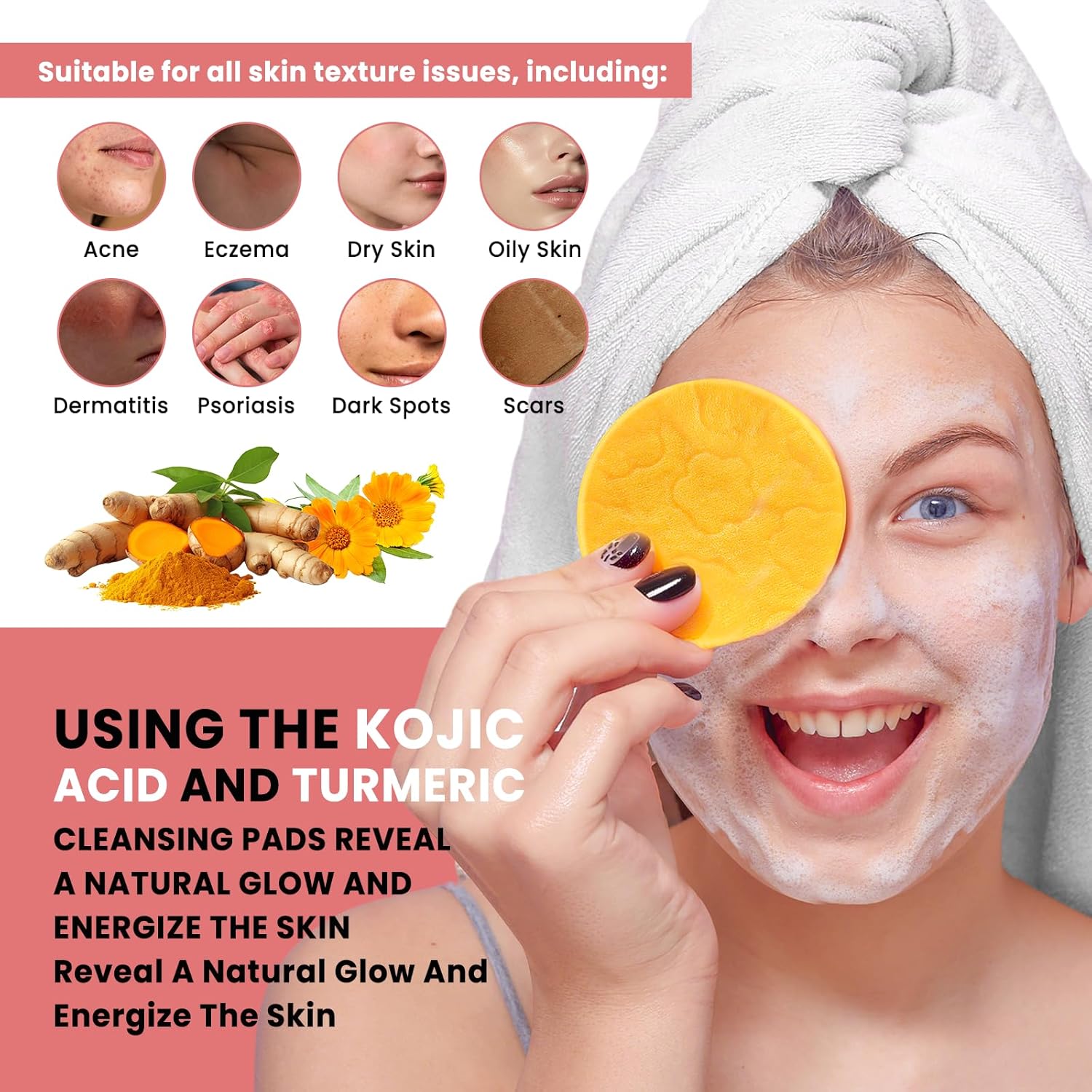 Kojic Acid Turmeric Facial Cleansing Pads Skin Care Exfoliate for Acne, Dark Spots and Skin Repair