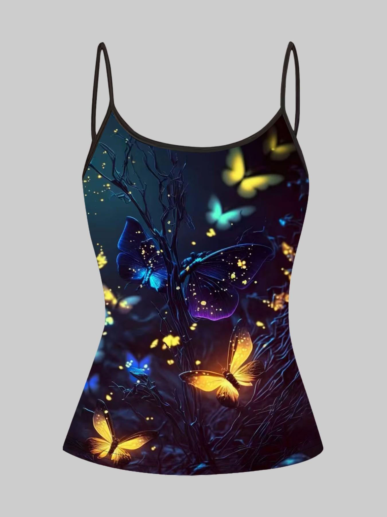 Dark Night Fluorescent Butterfly Print Halter Top, Summer Home Sleepwear Outer Wear, Unique Slim Fit Top Set of Four Pieces