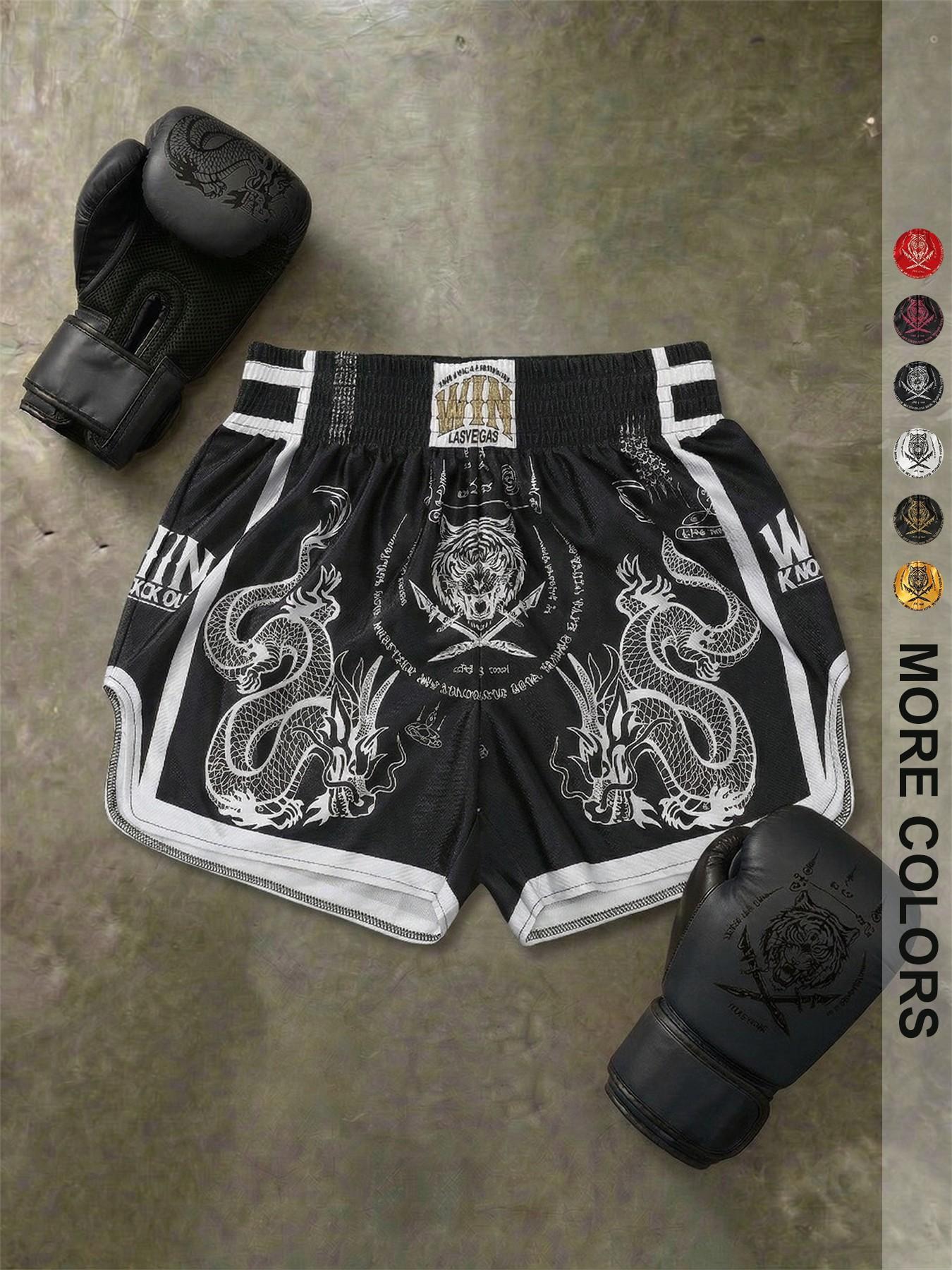 Men's Short Pants Set, Elastic Waist, High Stretch, High-Waisted, Super Short, Glossy Fabric, Dragon Tiger Print, Muay Thai Shorts