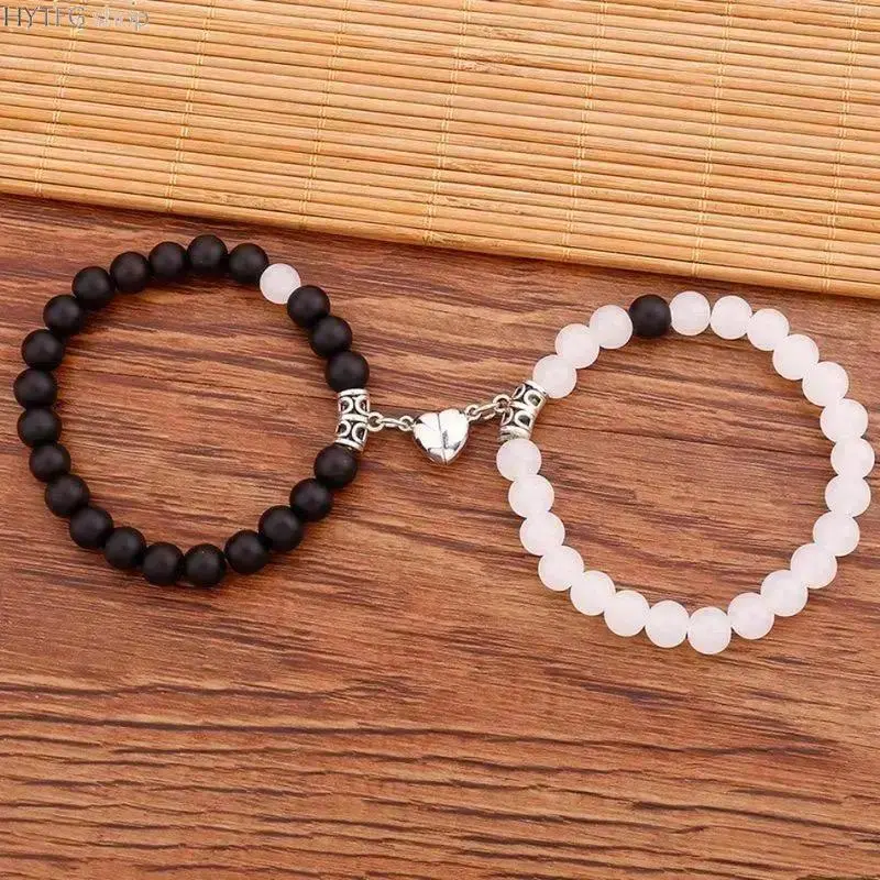 2‑Piece Couple Magnetic Beaded Bracelet Set, Heart‑Shape Mutual‑Attracting Charm Bracelets, Decorative Simulated Stone Bead Jewelry, Adjustable Stackable Wrist Accessory, Sweet Matching Gift for Anniversary & Valentine’s Day for Him and Her