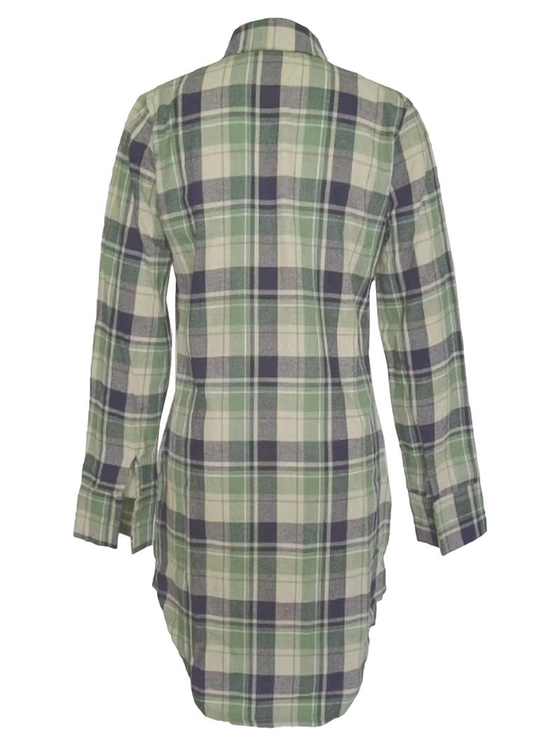 Women's Plaid Print Button Front Shirt Dress, Casual Drop Shoulder Long Sleeve Collared Short Dress for Spring & Fall, Women's Clothes for Daily Wear