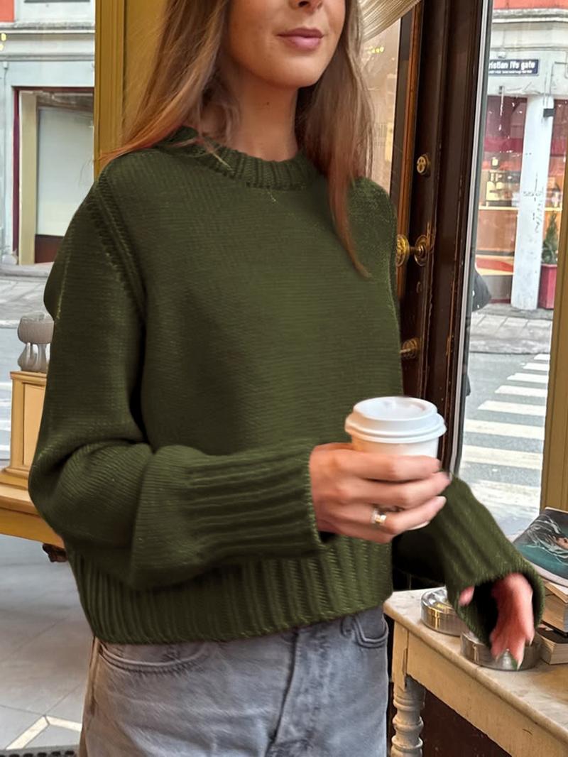 Pure Color Casual Round Neck Sweater Knitwear, Daily Commute Style, Thin Fabric,  Fall & Winter Wear, Women's Fashion