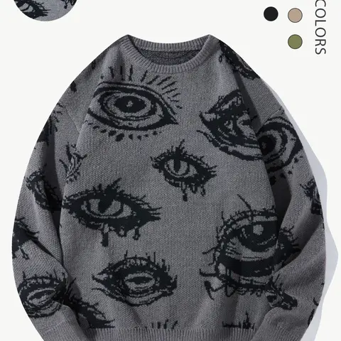 Men's Eye Print Round Neck Sweater, Regular Fit Casual Long Sleeve Crew Neck Jumper for Fall & Winter, Fashion Men's Knitwear for Daily Wear Graphic Knit Pullover