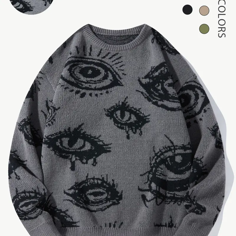 Men's Eye Print Round Neck Sweater, Regular Fit Casual Long Sleeve Crew Neck Jumper for Fall & Winter, Fashion Men's Knitwear for Daily Wear, Graphic Crewneck Sweater