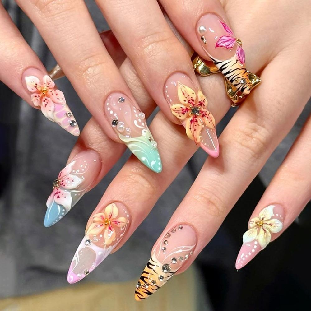 2026 New Almond Press-On Fake Nails - 3D Embossed Gentle Pastel Blooms 3D Floral Shine, Reinforced ABS Body Full Cover Glossy Tips, 24Pcs 10 Sizes Reusable Removable for Beach-to-Office Daily Manicure