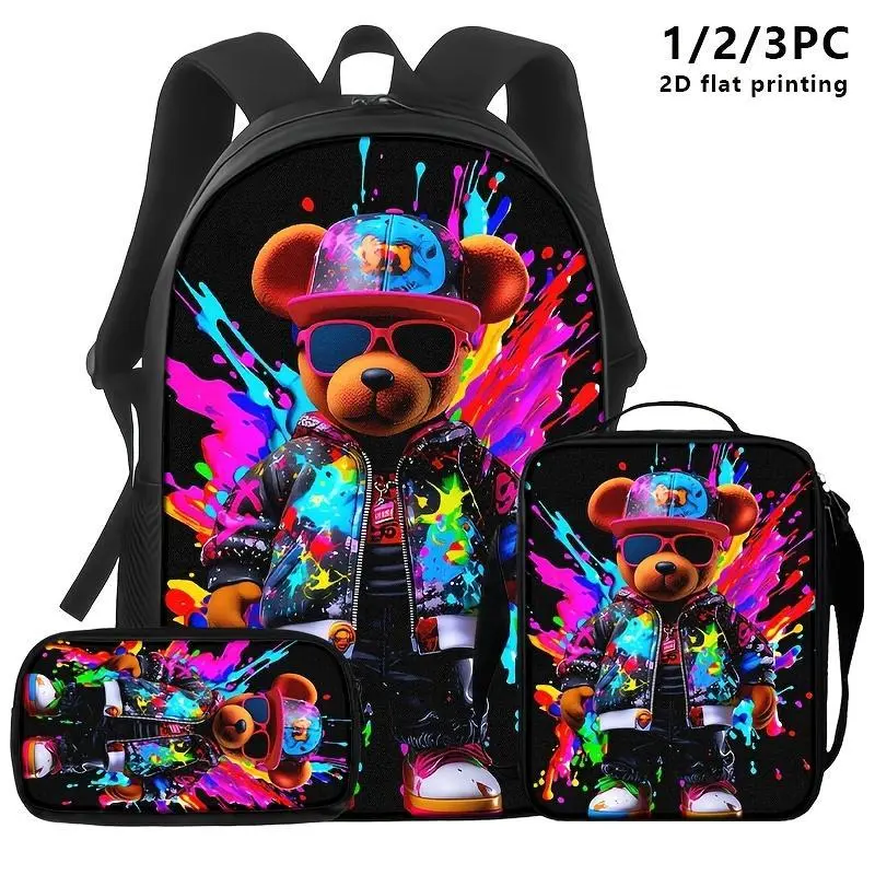 Unisex Animal Character Graffiti Art 3-Way Backpack Set - 1/2/3-Piece (Shoulder Bag, Storage Bag), Waterproof, Dynamic Color, Backpacks for School, Travel/Outdoor Use