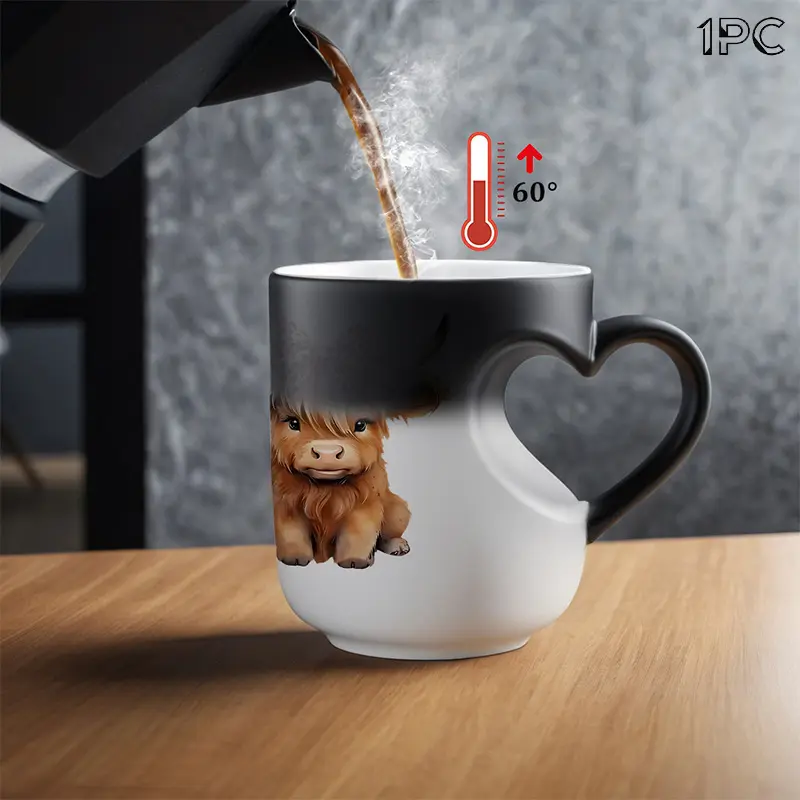 1pc Highland Cow Print Color Changing Mug - 11oz/325ml Durable Thermochromic cup, Cute Highland Cow & Bow Design, Coffee, Novelty Coffee Mug, Ceramic Mugs, Ceramics Mug, Ideal for Festival Gifts, The Perfect Gift for Coffee Lovers, Drinkware