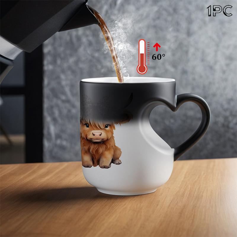 1pc Highland Cow Print Color Changing Mug - 11oz/325ml Durable Thermochromic cup, Cute Highland Cow & Bow Design, Coffee, Novelty Coffee Mug, Ceramic Mugs, Ceramics Mug, Ideal for Festival Gifts, The Perfect Gift for Coffee Lovers, Drinkware
