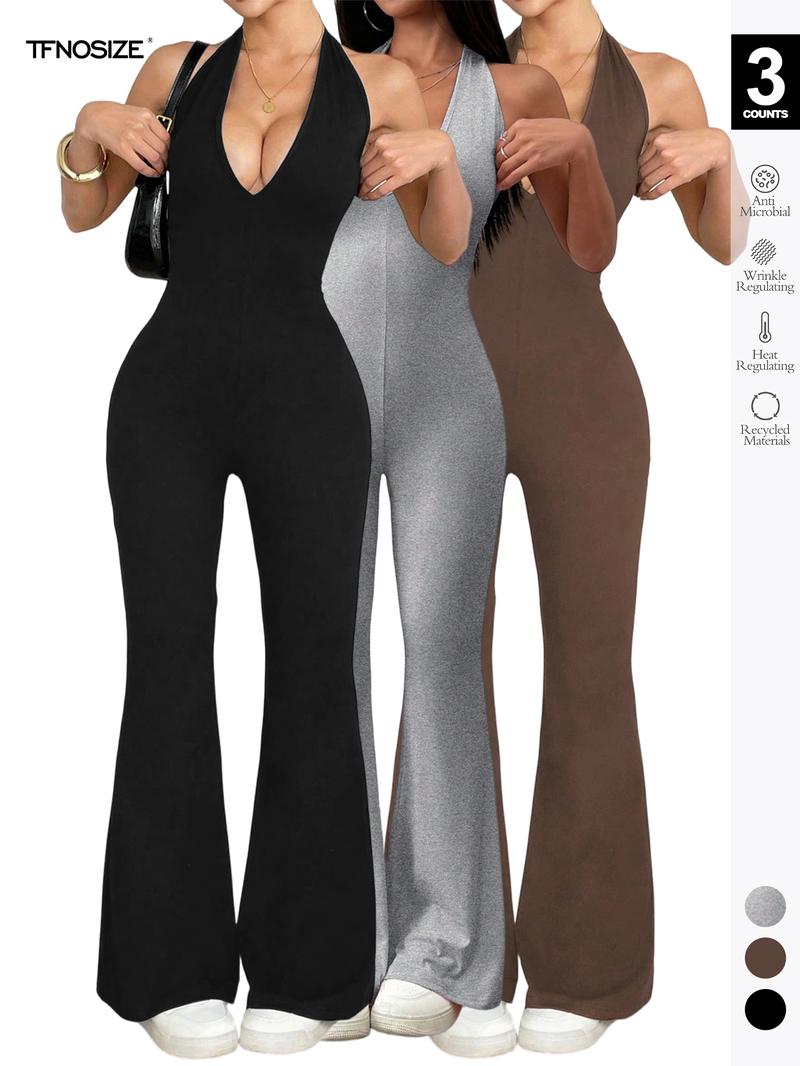 2026 Women's Bodycon Halter Jumpsuit Plunging V Neck Backless Flared Leg Pants Romper for Club Party Sleeveless Casual Jumpsuit
