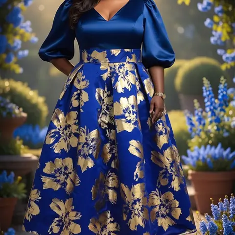 Plus Size Women's Spring Summer Bubble Sleeve Waist-Cropped Dress, Floral A-Line Skirt, Elegant Formal Wear for Parties and Weddings, Prom Dresses