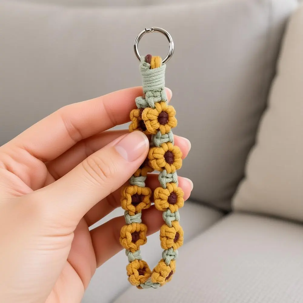 Women's Boho Macrame Keychain Wristlet - Hand-Braided Soft Cotton Key Holder, Sage Green & Yellow Floral Motif Ornament, Wear-Resistant Wrist Strap Bag Charm for Daily Use