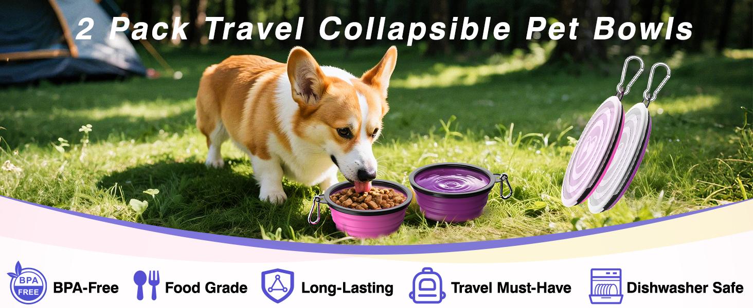 Pawaboo 2-Pack Collapsible Dog Bowls – Portable Silicone Food & Water Set with Lids & Clips