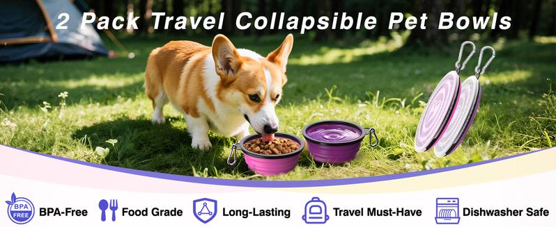 Pawaboo 2-Pack Collapsible Dog Bowls – Portable Silicone Food & Water Set with Lids & Clips