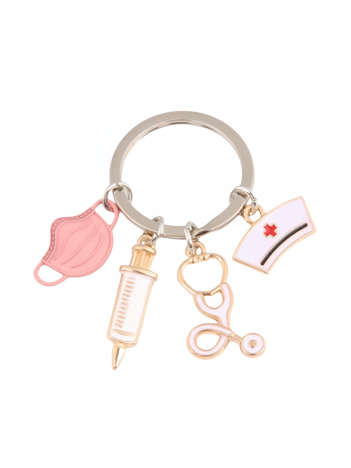 Nurse Mask Stethoscope Keychain Bag Charm, Cute Medical Tool Key Ring with Syringe Pendant and Nurse Cap Detail, Fashion Alloy Purse Accessory, Backpack Ornament, Car Key Holder and Scrubs Charm, Christmas Halloween Birthday Holiday Gift for Mom, Wife, Gi