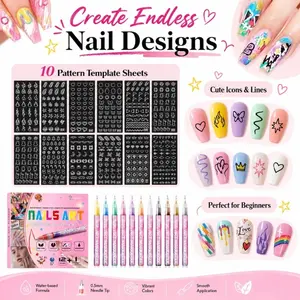 12 Pack High Capacity Nail Art Graffiti Marker Pens, DIY Manicure Acrylic Drawing Pens with 10 Nail Template Stickers, Quick Dry Fine Tip Nail Design Pen for Cuticle & Nail Decoration