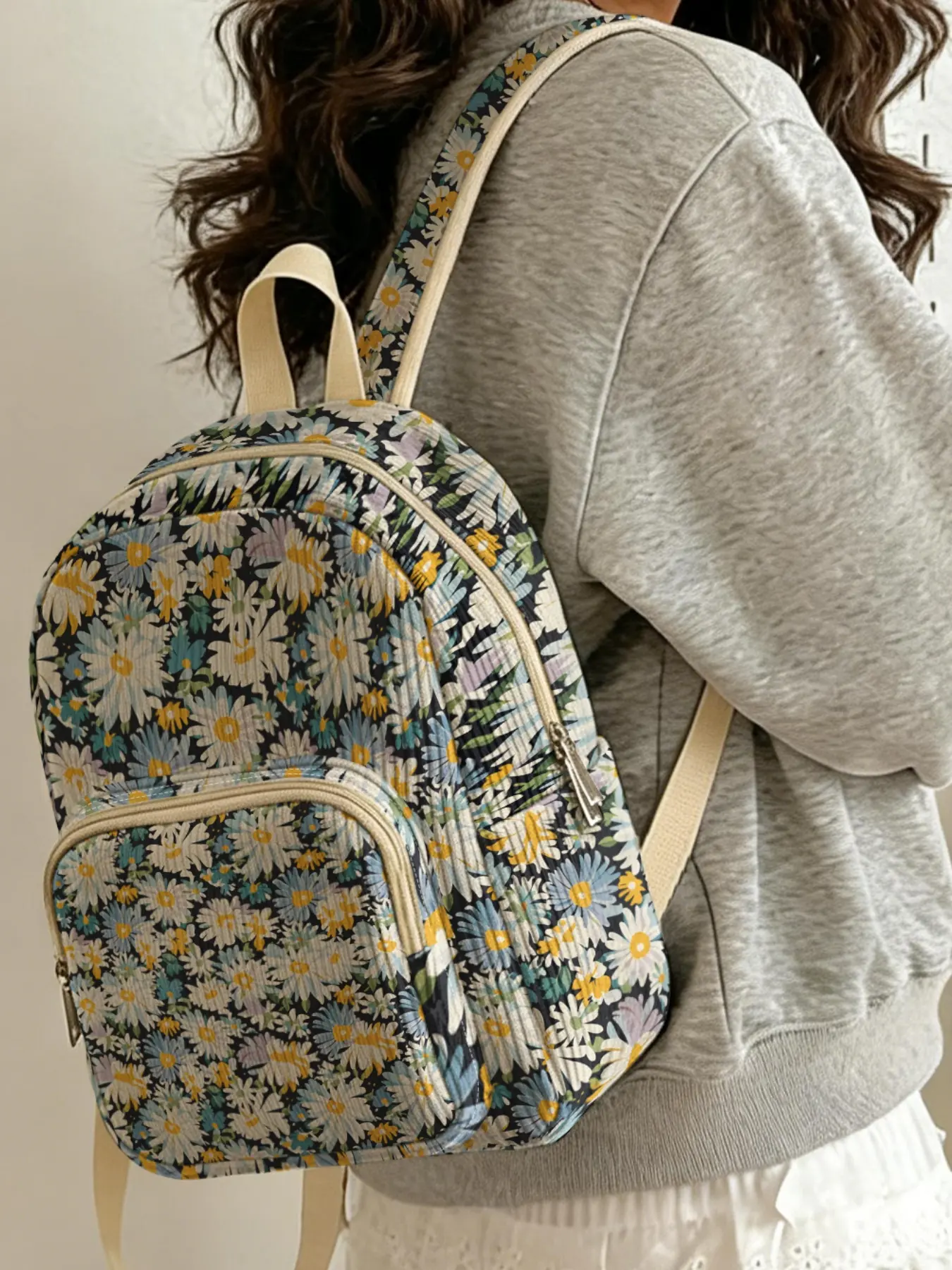 2D Print of Fresh Small Daisy Floral Pattern on Black Background, Corduroy textured, multi compartment storage. Great for school and short trips, stylish and practical, Floral School Backpacks