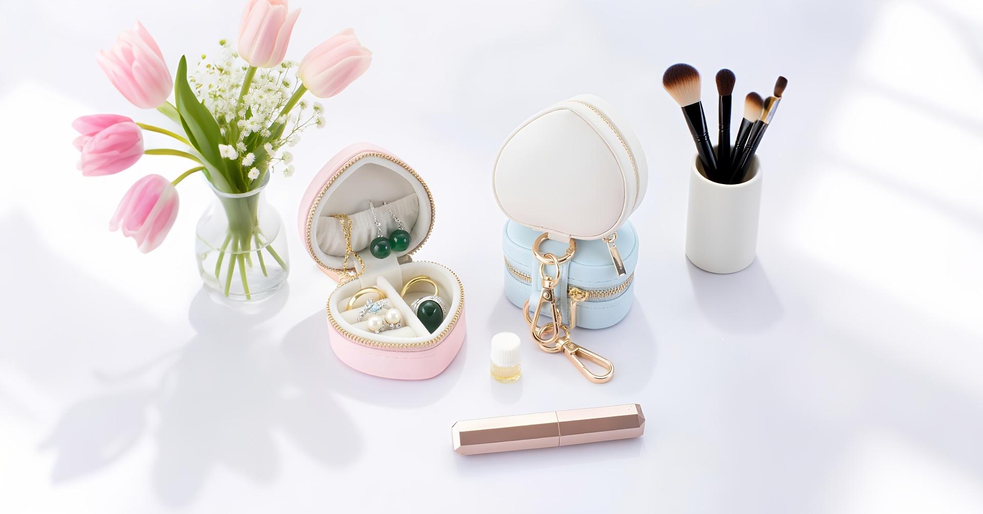 1 PC mini jewelry box heart-shaped jewelry storage box with key chain zipper closure design convenient jewelry box.