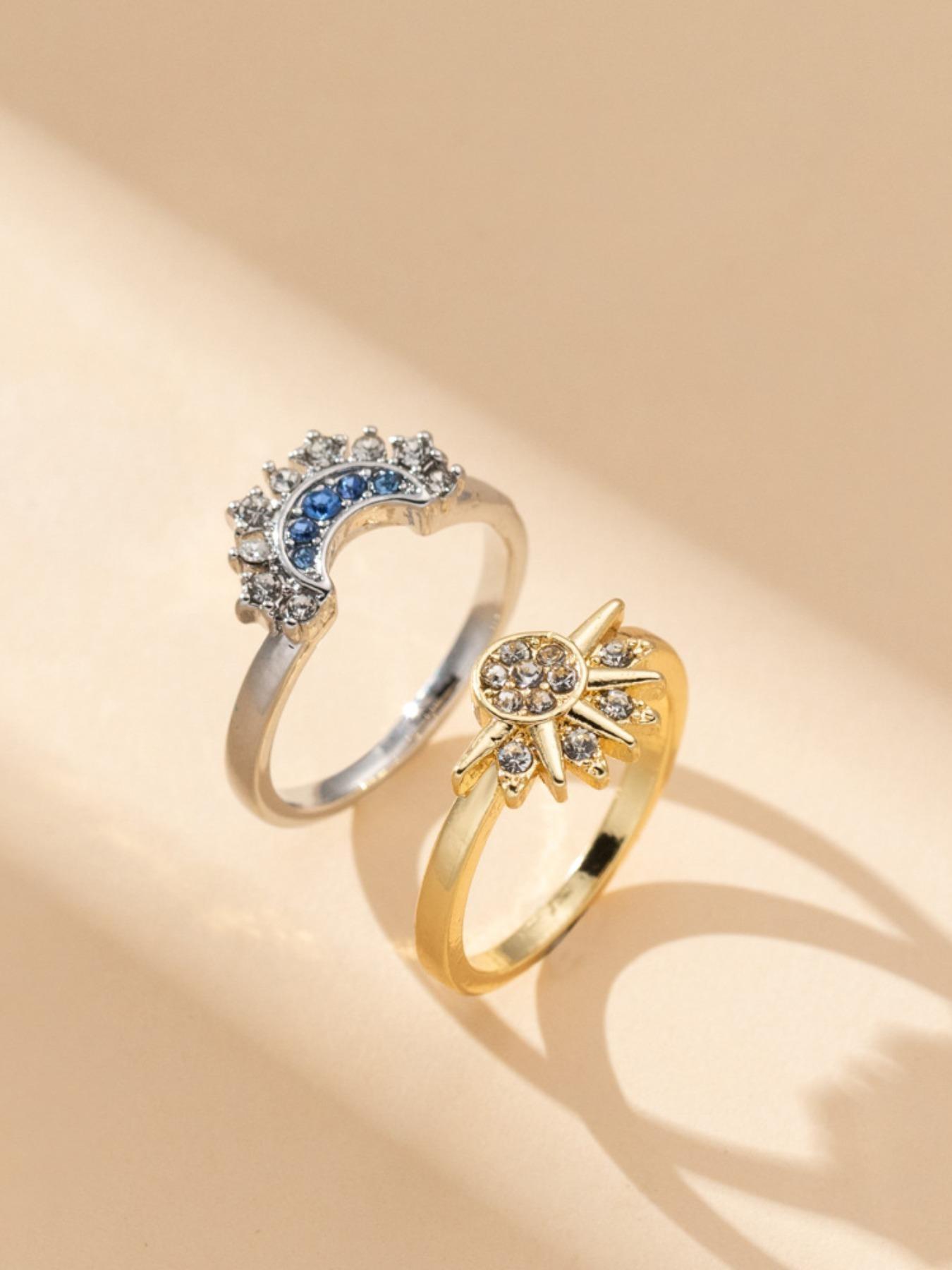 Sun Moon Couple Rings, Blue Celestial Design, Simple Rhinestone Wedding Band, Perfect Gift for Girlfriend & Best Friend
