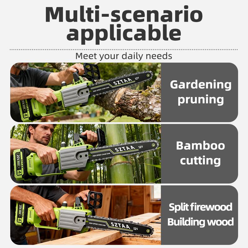 12-inch cordless electric chain saw, equipped with 2 batteries, is a portable handheld small woodworking chain saw that can be used for pruning, gardening and camping - suitable for middle-aged people and men - and is an excellent gift for festivals.