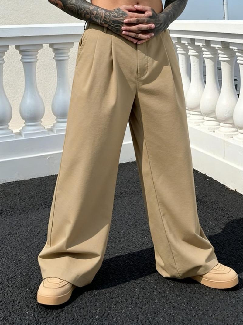 Men's Casual Street Comfy Versatile Solid Color Wide Leg Pants, Unique Button Design, Fitted Style Perfect for Parties and Daily Wear