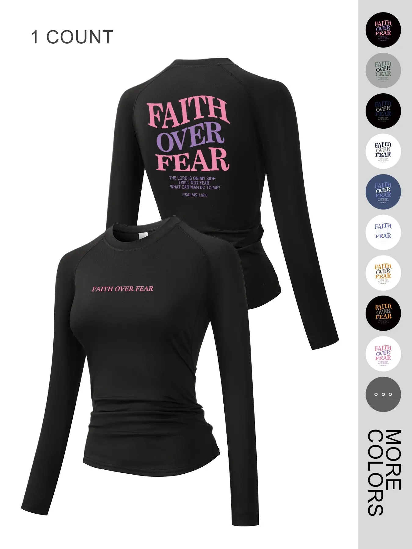 Women's Long Sleeve Sporty Top, Faith over Fear Graphic Print, Round Neck, Quick-Dry Breathable Stretch, Yoga Running Fitness Training Wear, Elastic Breathable Activewear