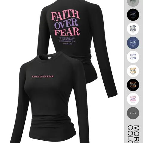 Women's Long Sleeve Sporty Top, Faith over Fear Graphic Print, Round Neck, Quick-Dry Breathable Stretch, Yoga Running Fitness Training Wear, Elastic Breathable Activewear