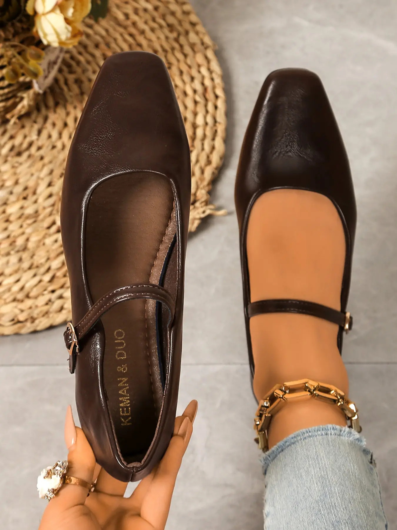 French Retro Square Toe Mary Jane Shoes, One Strap Flat Single Shoe, Commuter Versatile Low Heel Ballet Flats for Women, Vintage Chic Shoes
