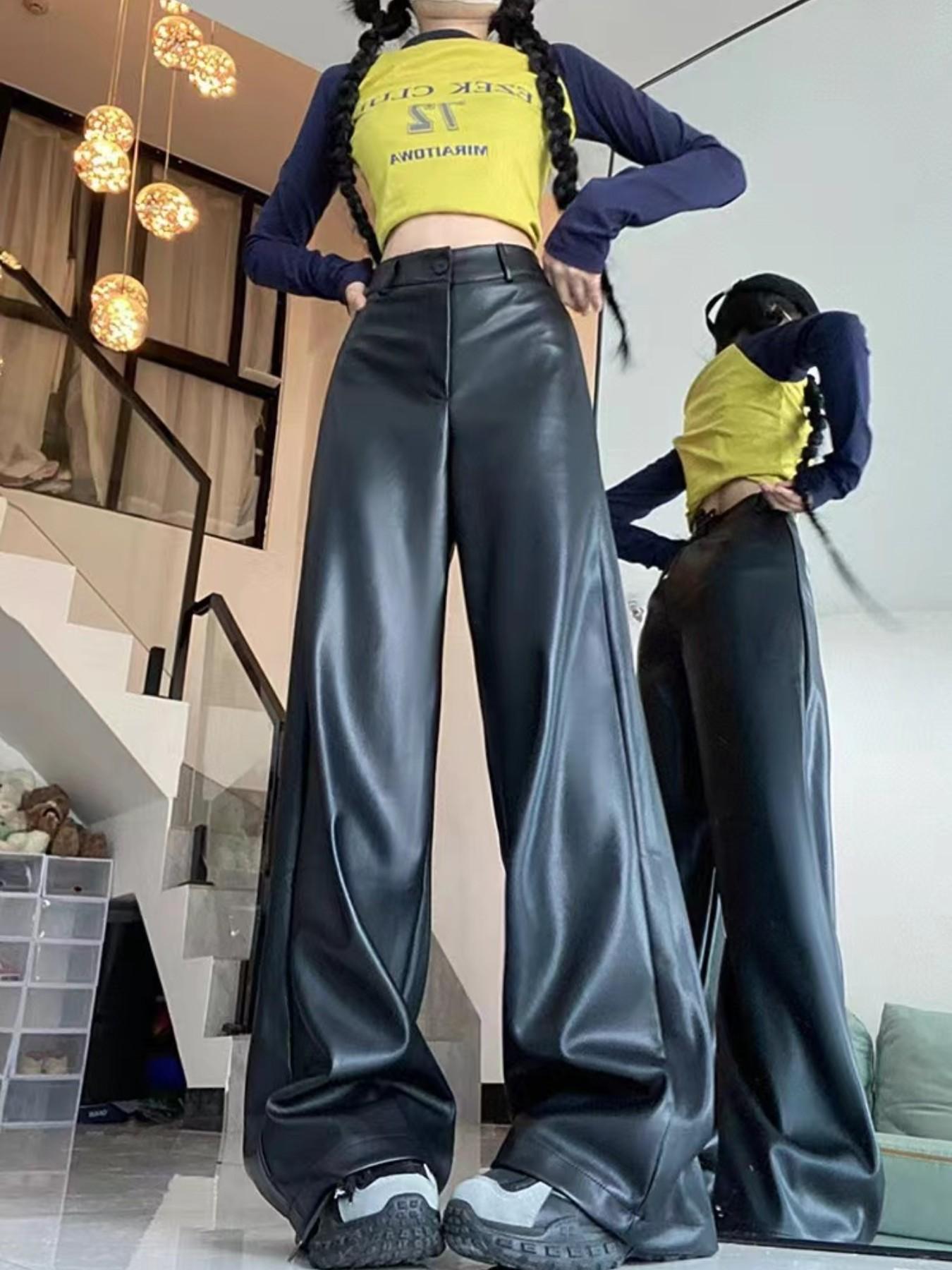 Trendy High-Waisted Wide-Leg Leather Pants, Slimming Straight-Cut Design, Streetwear Versatile Long Trouser, Fall & Winter Fashion