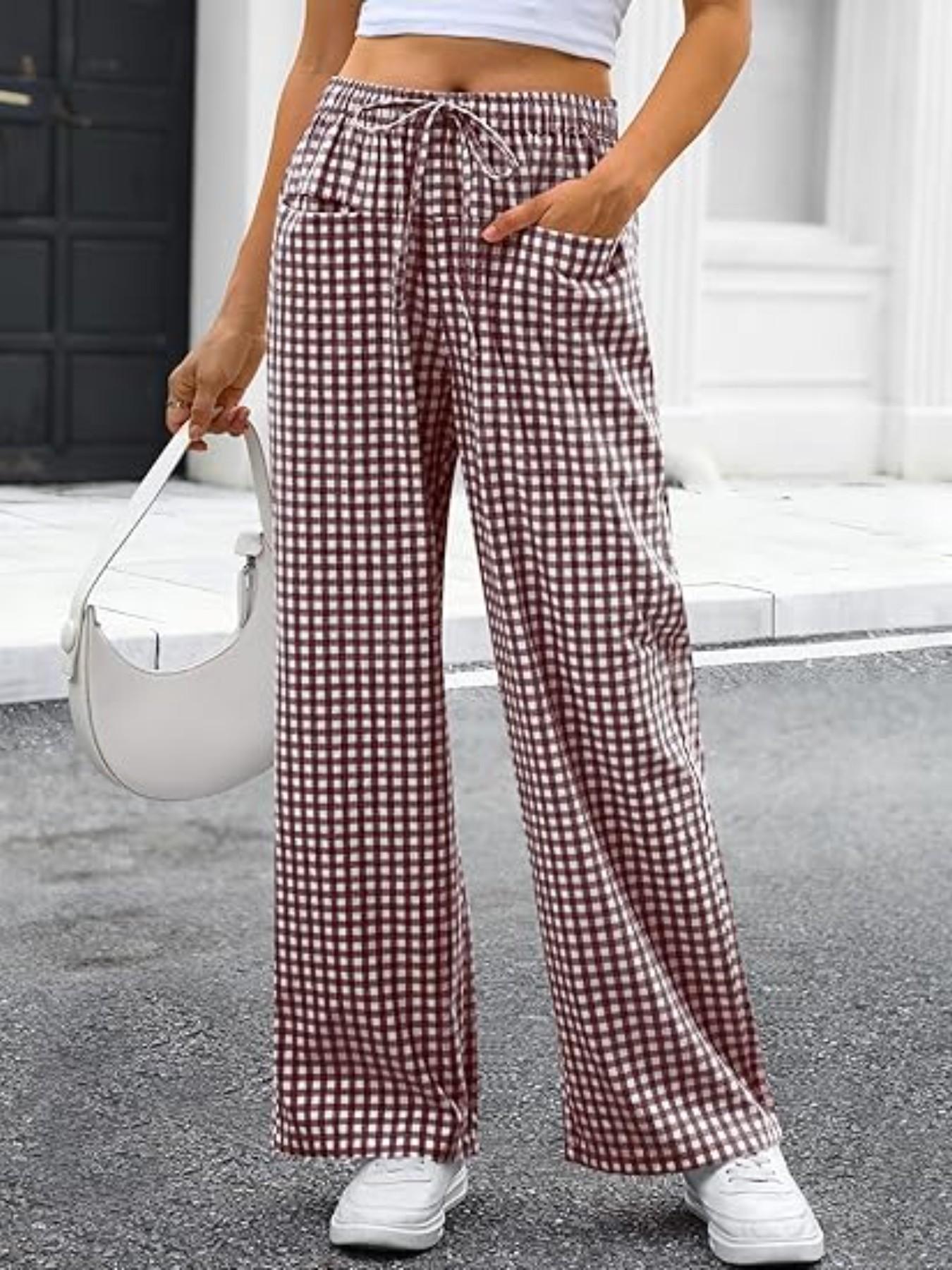 Women's Plaid Wide Leg Pants, Casual Loose-Fitting Drawstring Design, Comfortable Elastic Waist with Pockets, All Seasons Fashion, Womenswear