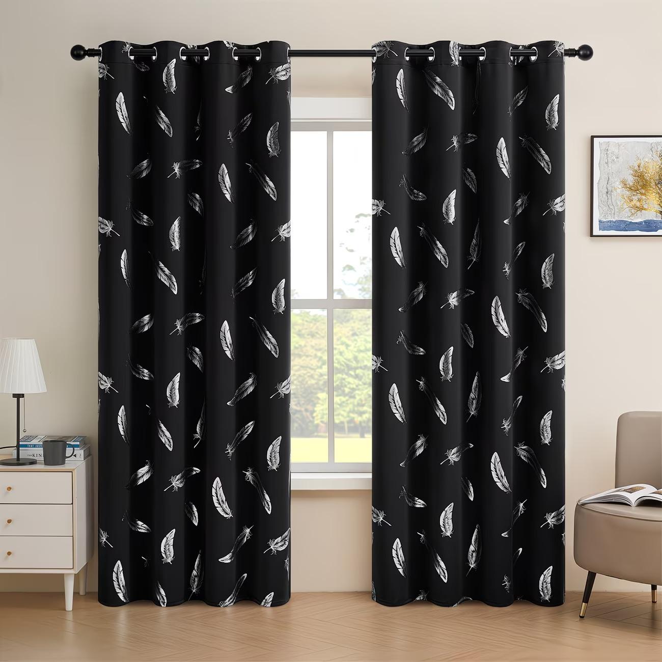 Two elegant feather-patterned decorative digital printed semi-transparent curtains made of polyester, suitable for living rooms and bedrooms, available in various pattern colors