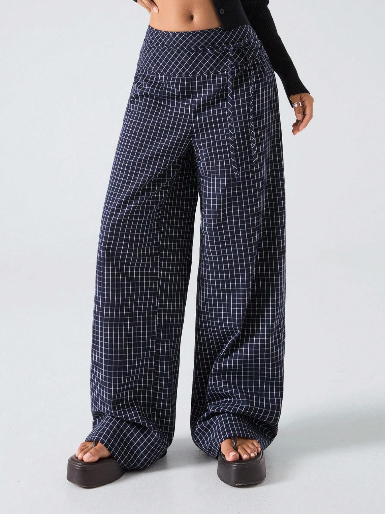 Plaid Print Knot Waist Wide Leg Pants, Casual Street Trousers, Vintage British Style, Fashionable and Versatile, Slimming Fit, Comfortable, All Seasons