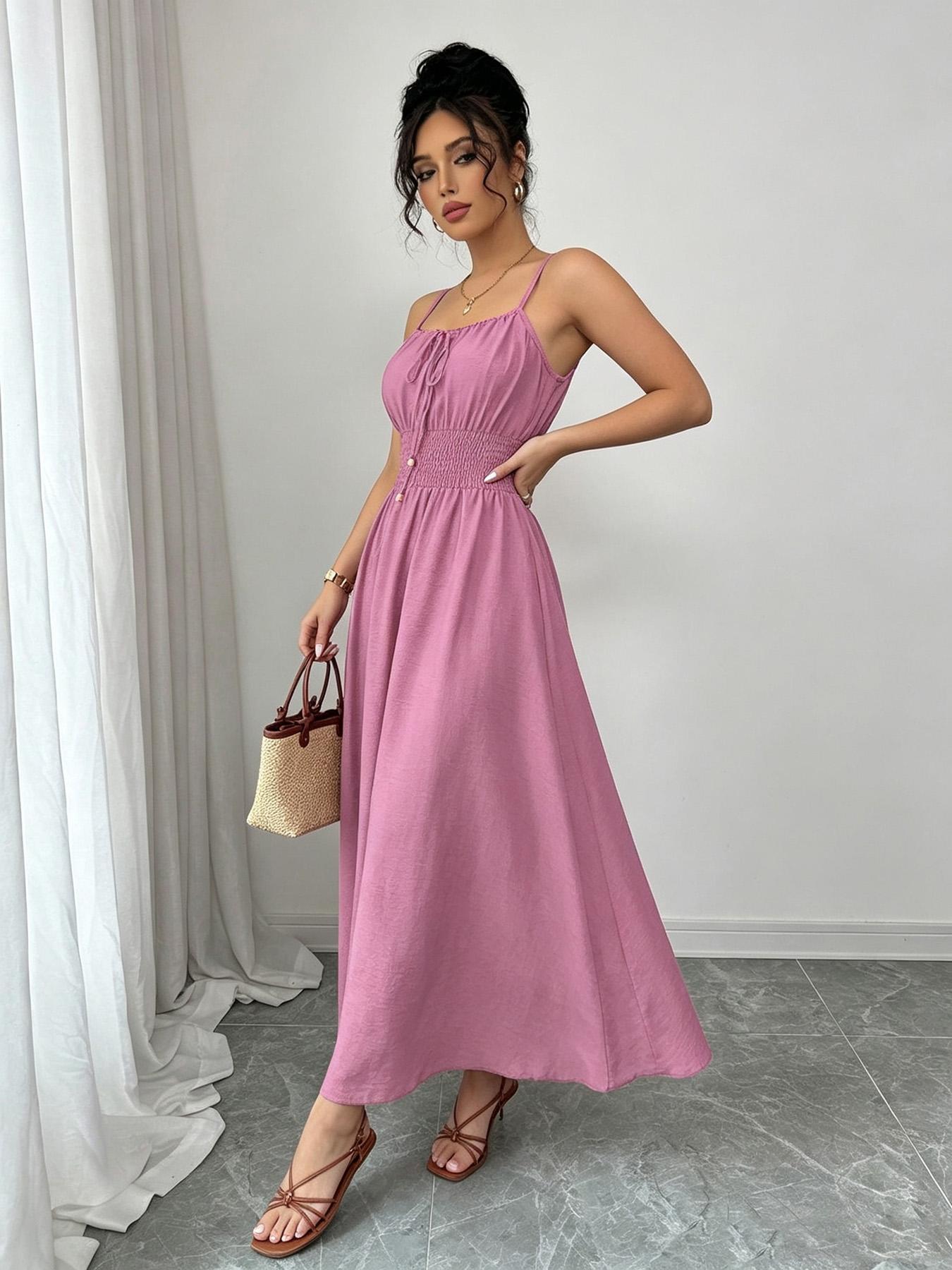 A women's fashionable and high-end French gentle style waist cinching spaghetti strap camisole dress with lace up bead design, suitable for summer, beach wear, dates, dinners, and travel Straps Summer Dress