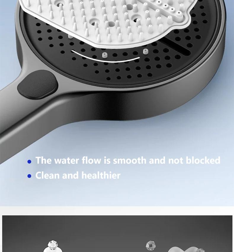 5.9-inch super large panel handheld showerhead features four water modes. It provides a powerful water flow that envelops your entire body and comes with a bracket and a 59in‘ soft hose, silver and gray