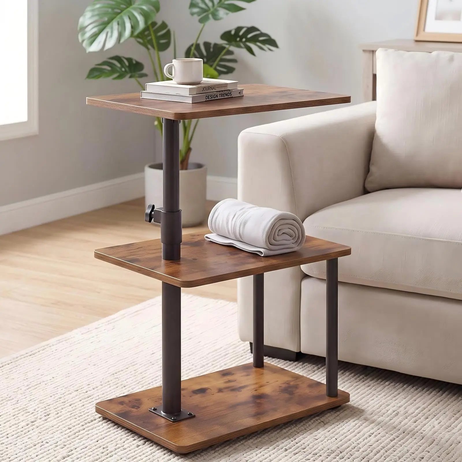 Multi-functional C-shaped swivel bedside table with particle board and iron pipe construction, featuring 360° rotation, adjustable height with three levels, and integrated storage for versatile use by couch or bed