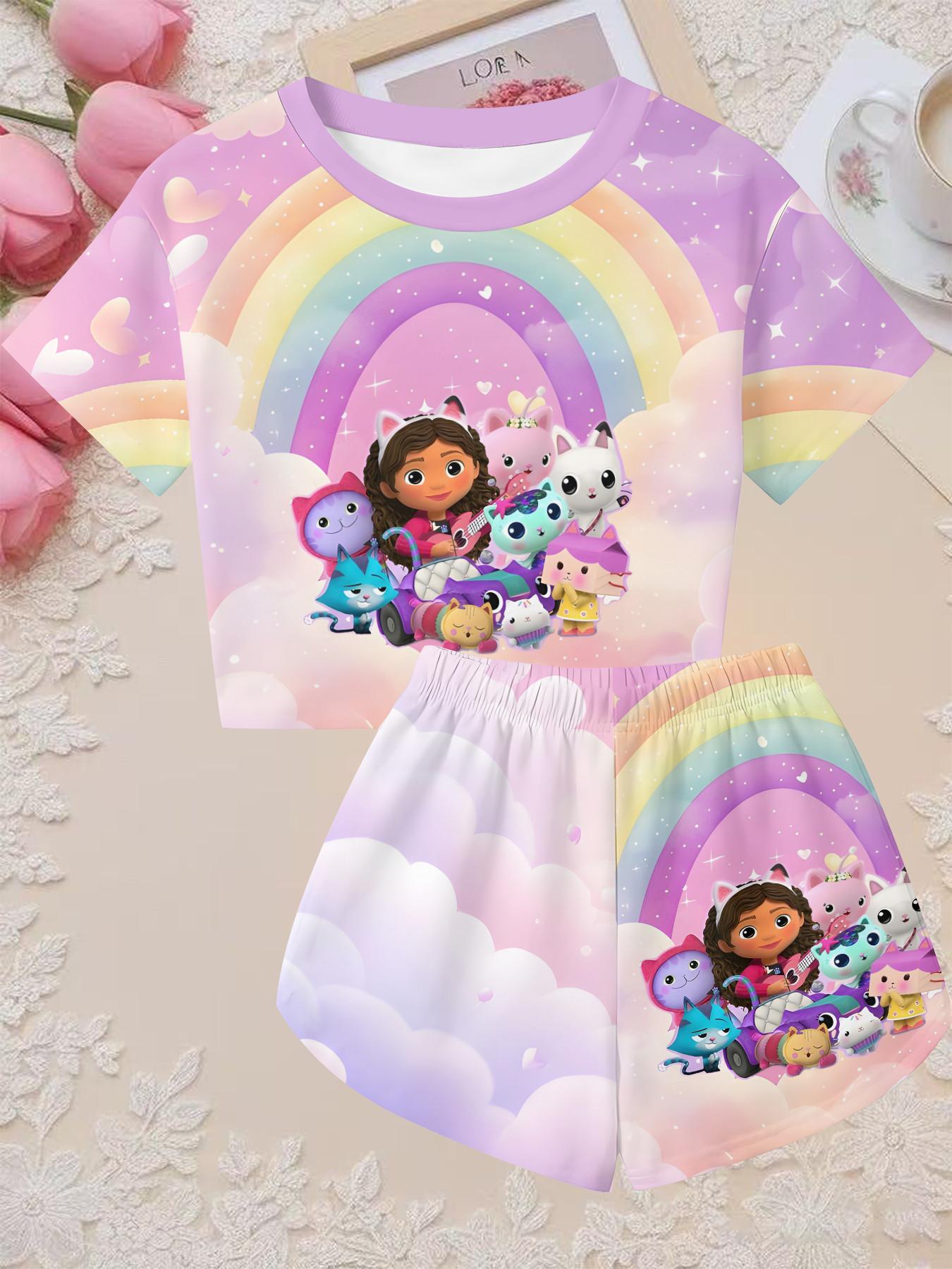 Girls' 3D Short Sleeve Set, Gabi Dollhouse Rainbow Cloud Print, Outdoor Wear, Perfect for Holidays, Birthday Gifts, Casual Style
