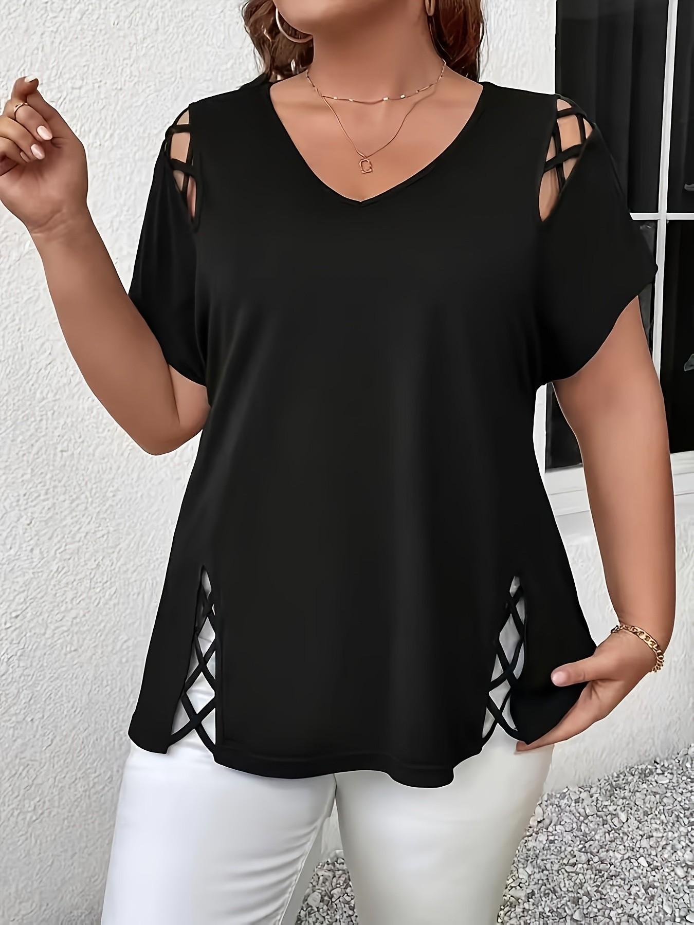 Women's V Neck Hollow Out Short Sleeve Top Blouse, Lightweight Loose Blouses, Loose Fit Basic Casual Summer Fashion, Comfortable Daily Wear Tee for Women Womenswear