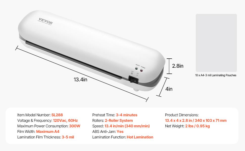 VEVOR Laminator Machine, Thermal Laminator for Max A4 Paper Size, 3-4 min Quick Warm Portable Laminator, 3-5 mil Thickness, Ideal for Home, Office, Business, or School Supplies, White+ Grey