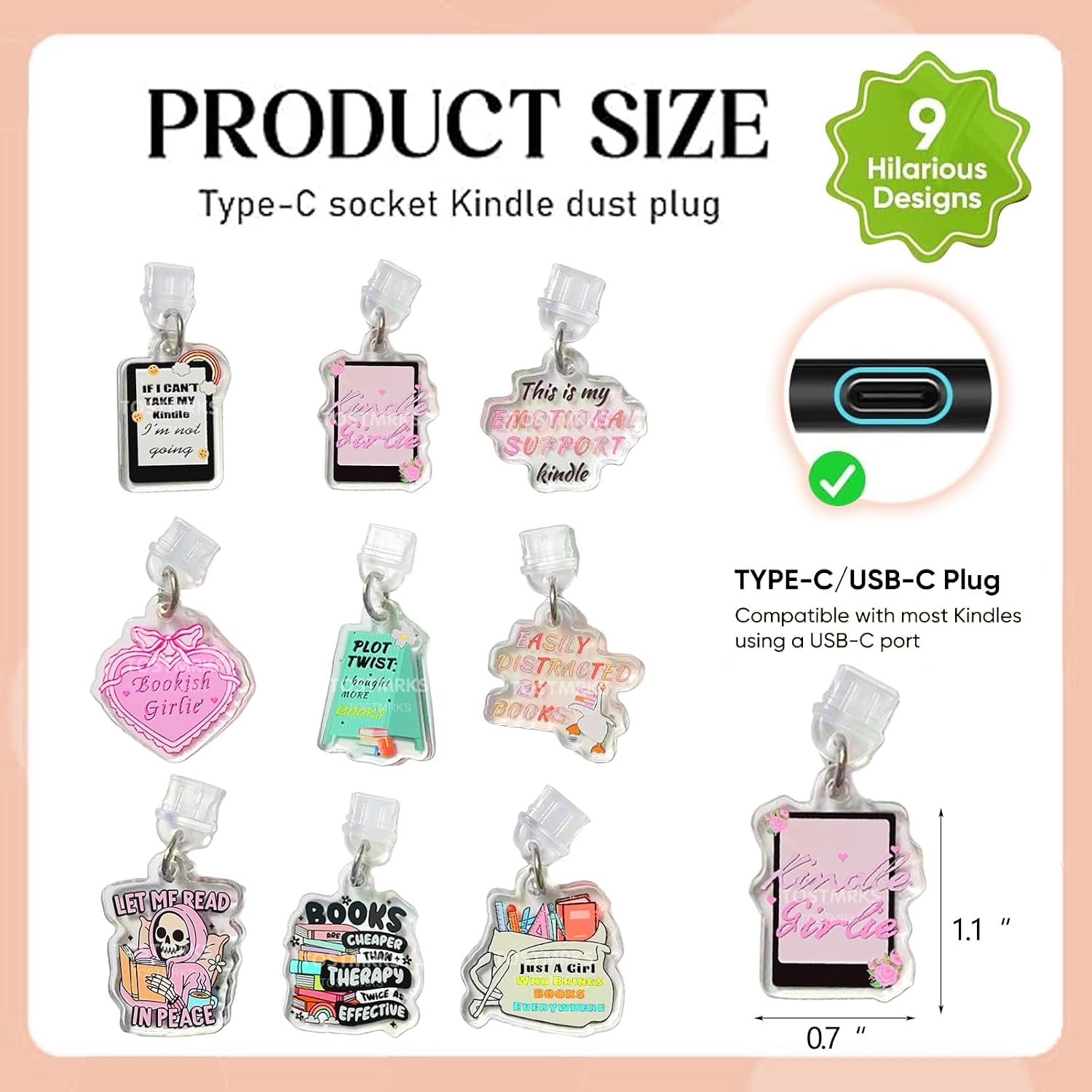 E-Reader Charms Set - 9 count Custom  Dust Plugs for Kindle Type C Devices Fun Book Lover Accessories, Protects Ports Adds Color for Students And Teacher