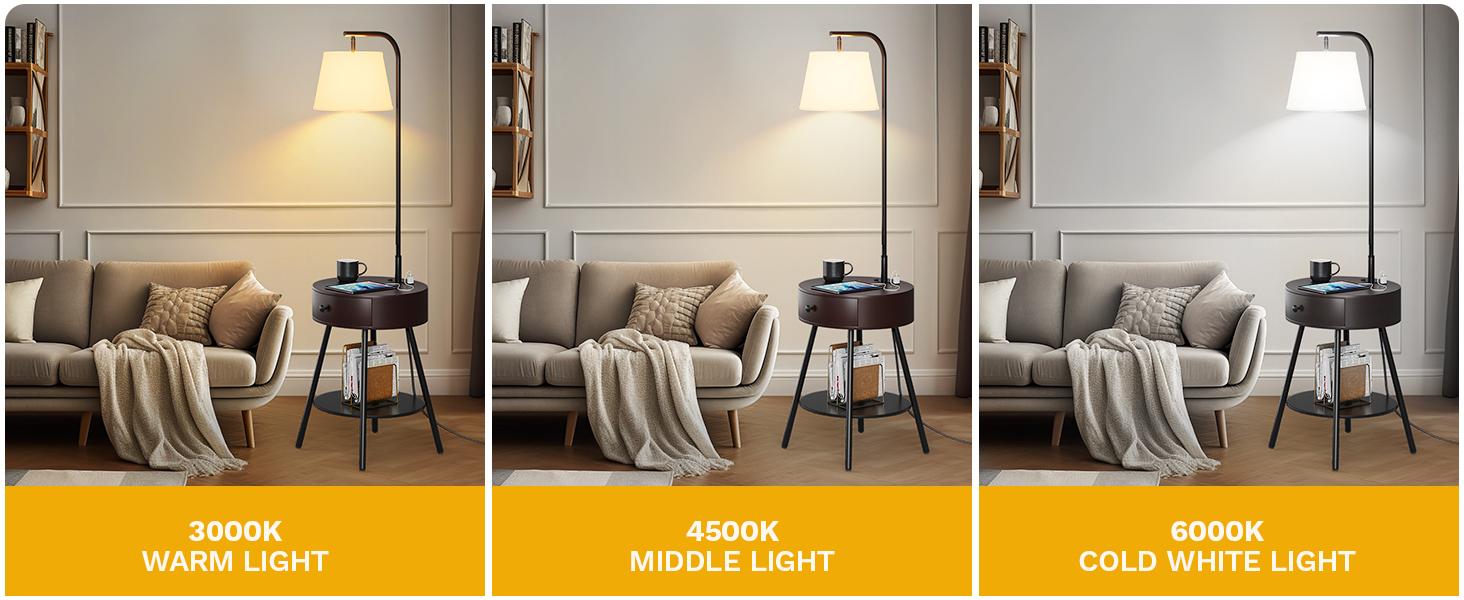 DWVO Floor Lamp with Table & Drawer, Side Table Lamp with USB & Type-C Charging Ports, 2 Power Outlet, 3 Color Temperature, E26 Socket, Suitable for Living Room, Bedroom, Office