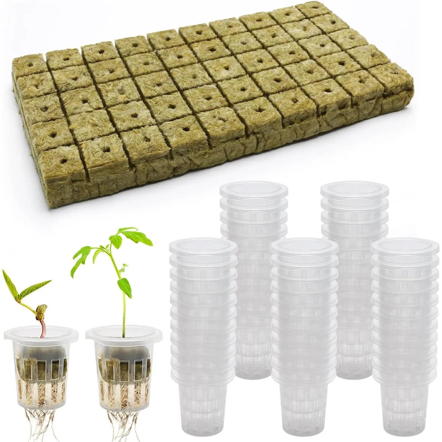 50 count 1" Rockwool Cubes & 50 count 1.5" Net Cups for Hydroponics | Rockwool Cubes Plugs Seed Stonewool Starter Cube for Hydroponics