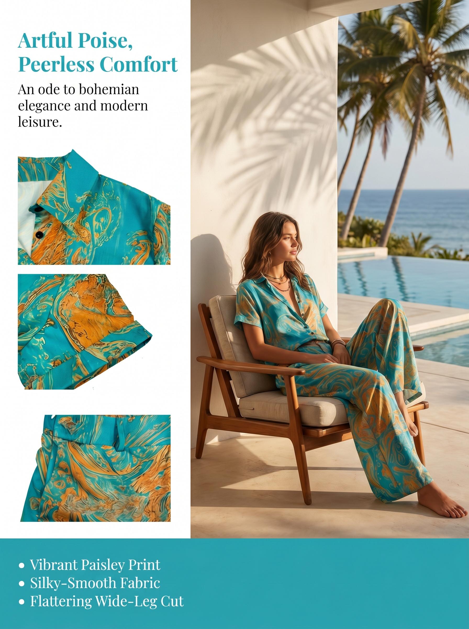 Casual Vacation Style Random Print Collared Shirt Top and Straight Leg Pants with Pockets, No Belt Included, Perfect for Daily Outings