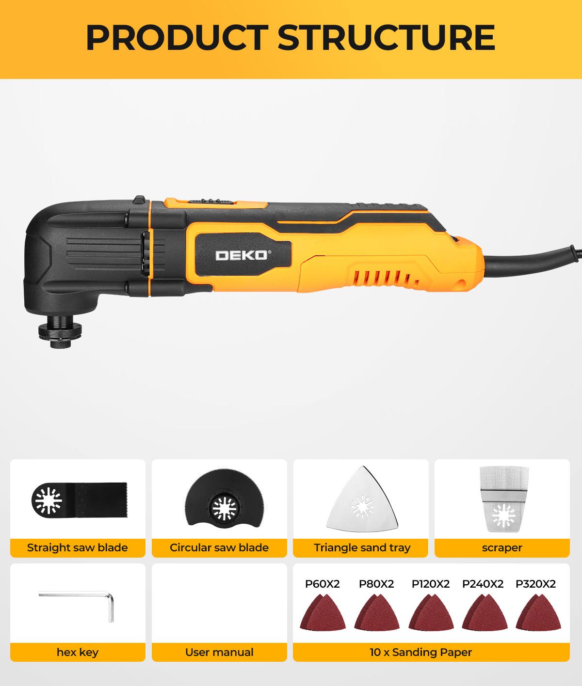 DEKO 300W/2.5A Corded Oscillating Tool With 10 Sandpapers Grinding Pads Wrench 1-1/4 Inch End Cutting Blade 6 Adjustable Speeds Up To 22,000 RPM 120V Multi-Function Saw For DIY Home Renovation Cutting Sanding Polishing Scraping