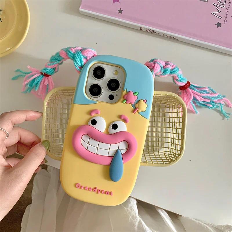 3D Funny long braid cute girl phone case iphone11 12 13 14 15 16 Pro 13pro Max Funny shockproof protection soft silicone Kawaii